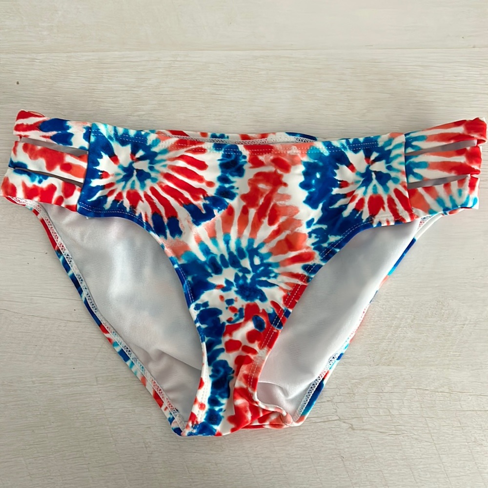 red, white, blue bikini bottoms, size medium, like new